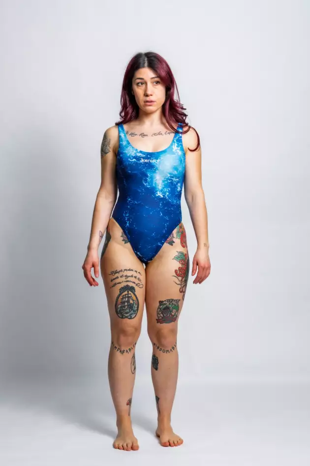A woman wearing the blue pacific waves