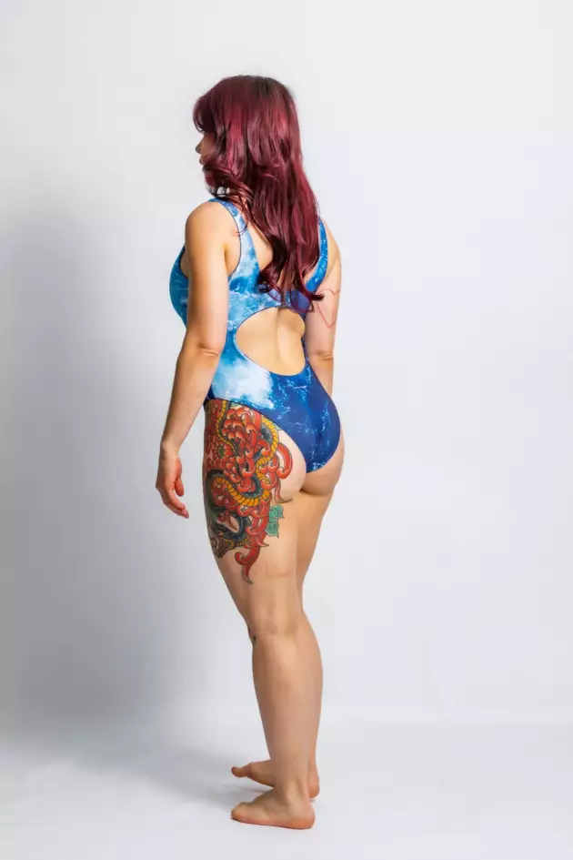 A woman wearing the blue pacific waves
